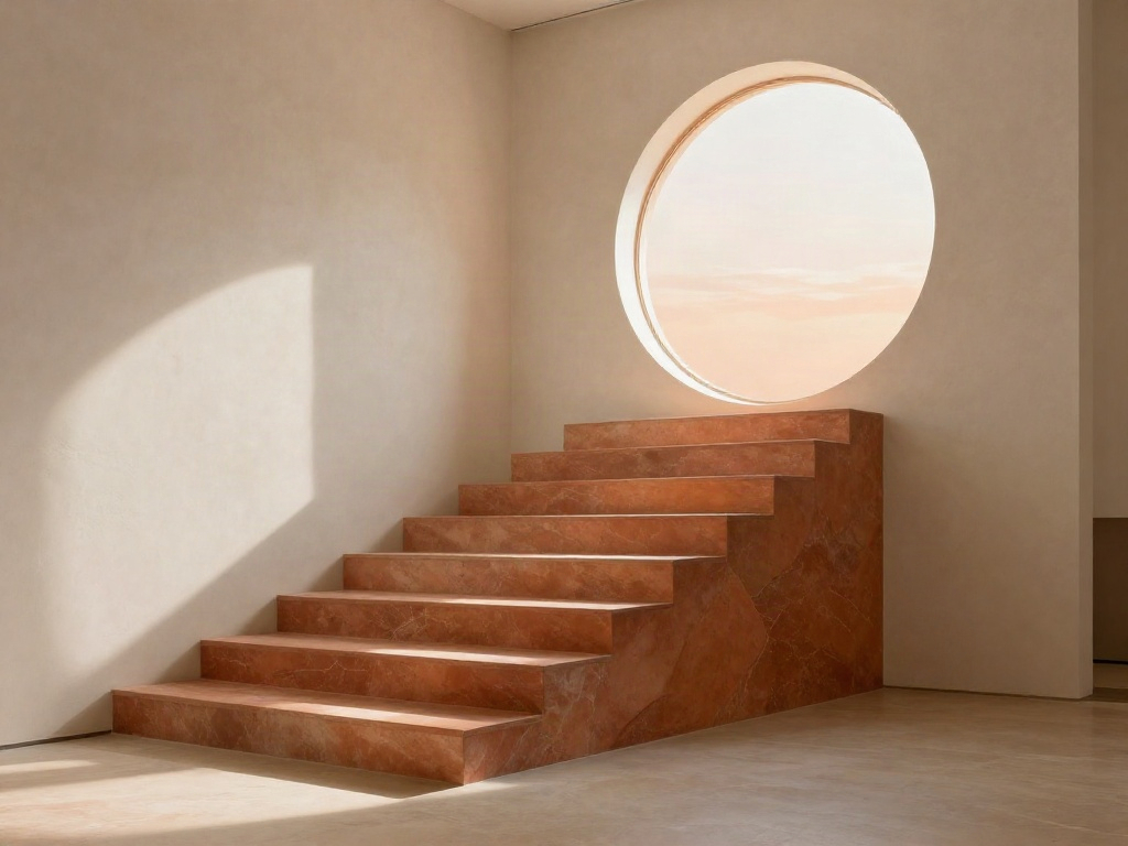 Terracotta architectural steps ascending toward a sunlit circular opening, a perspective on purposeful growth
